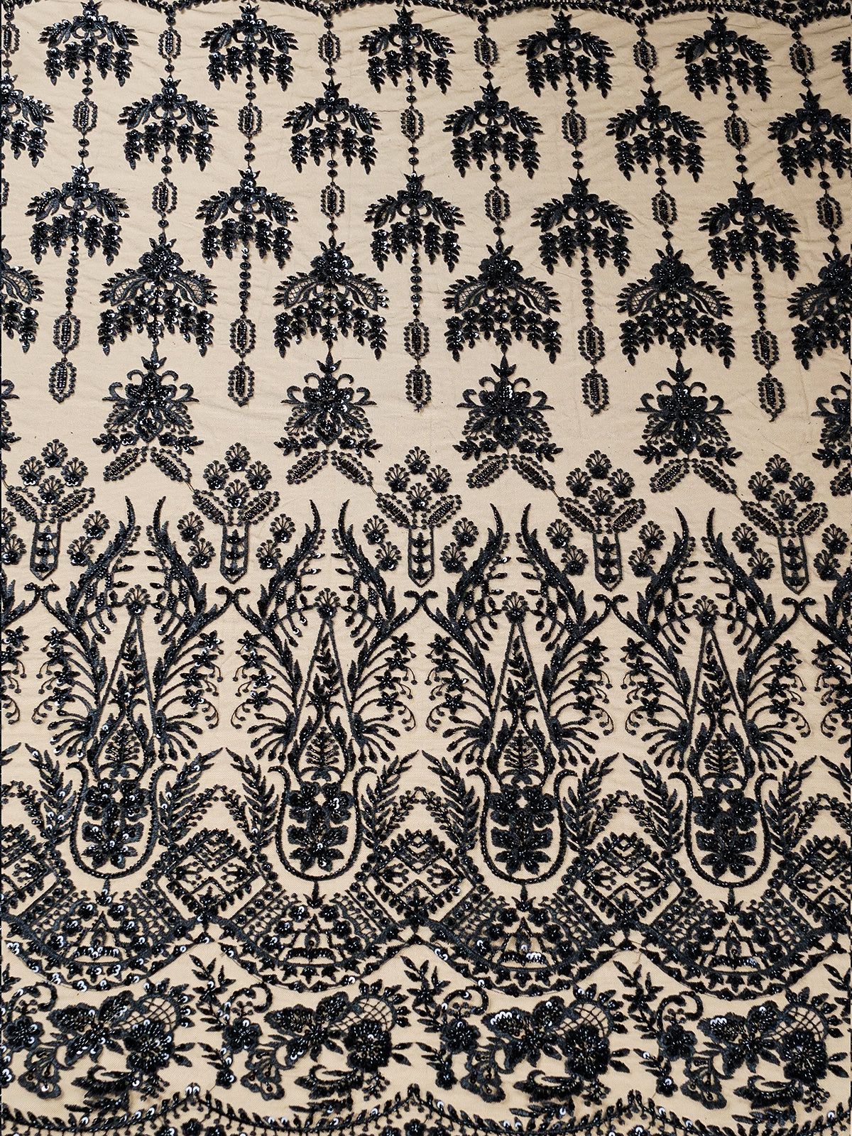 Black Imported Net Fabric with All-Over Thread, Bead, and Sequins Work with One Side Heavy Border 15683