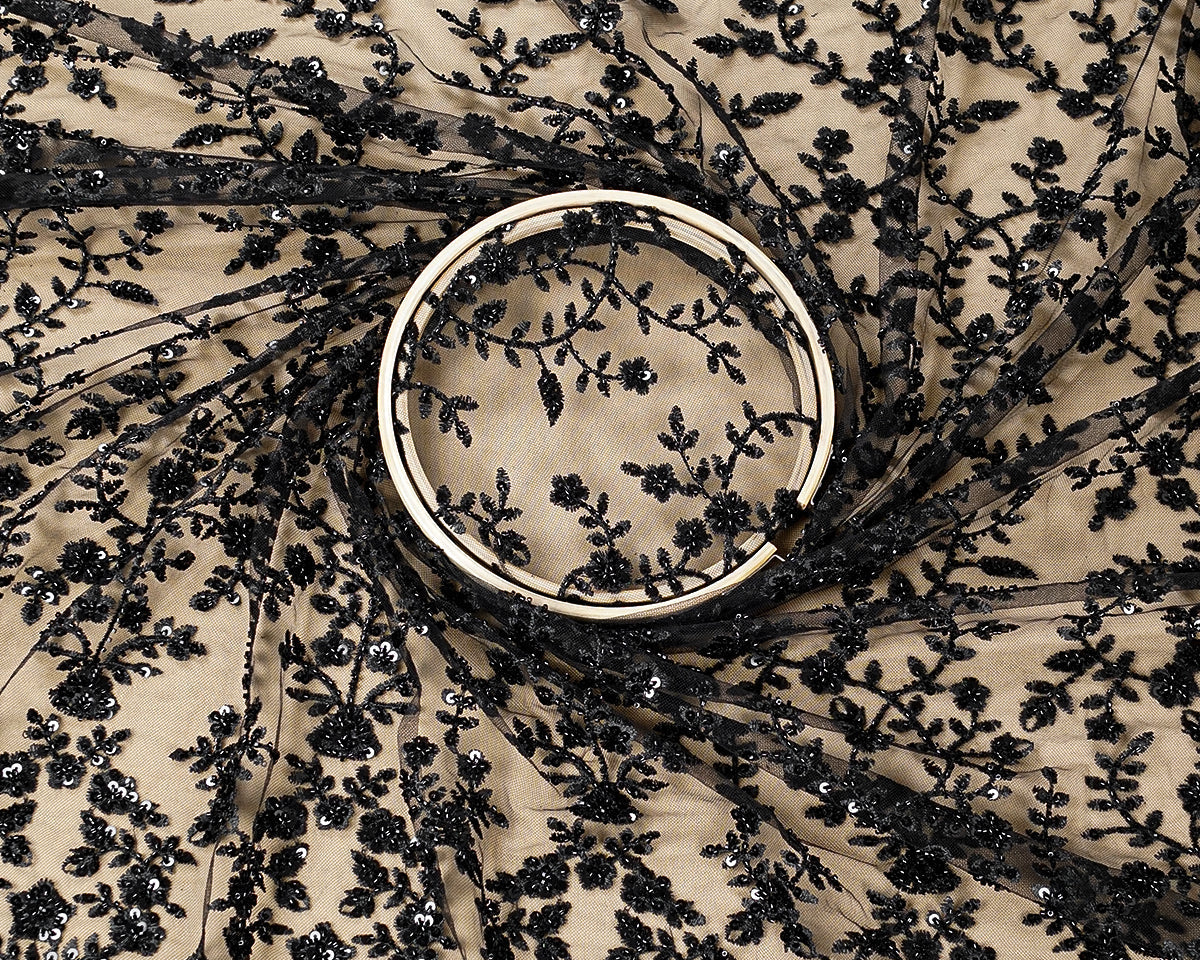 Black Imported Net Fabric with All-Over Thread and Sequins Work with One Side Heavy Border 15684