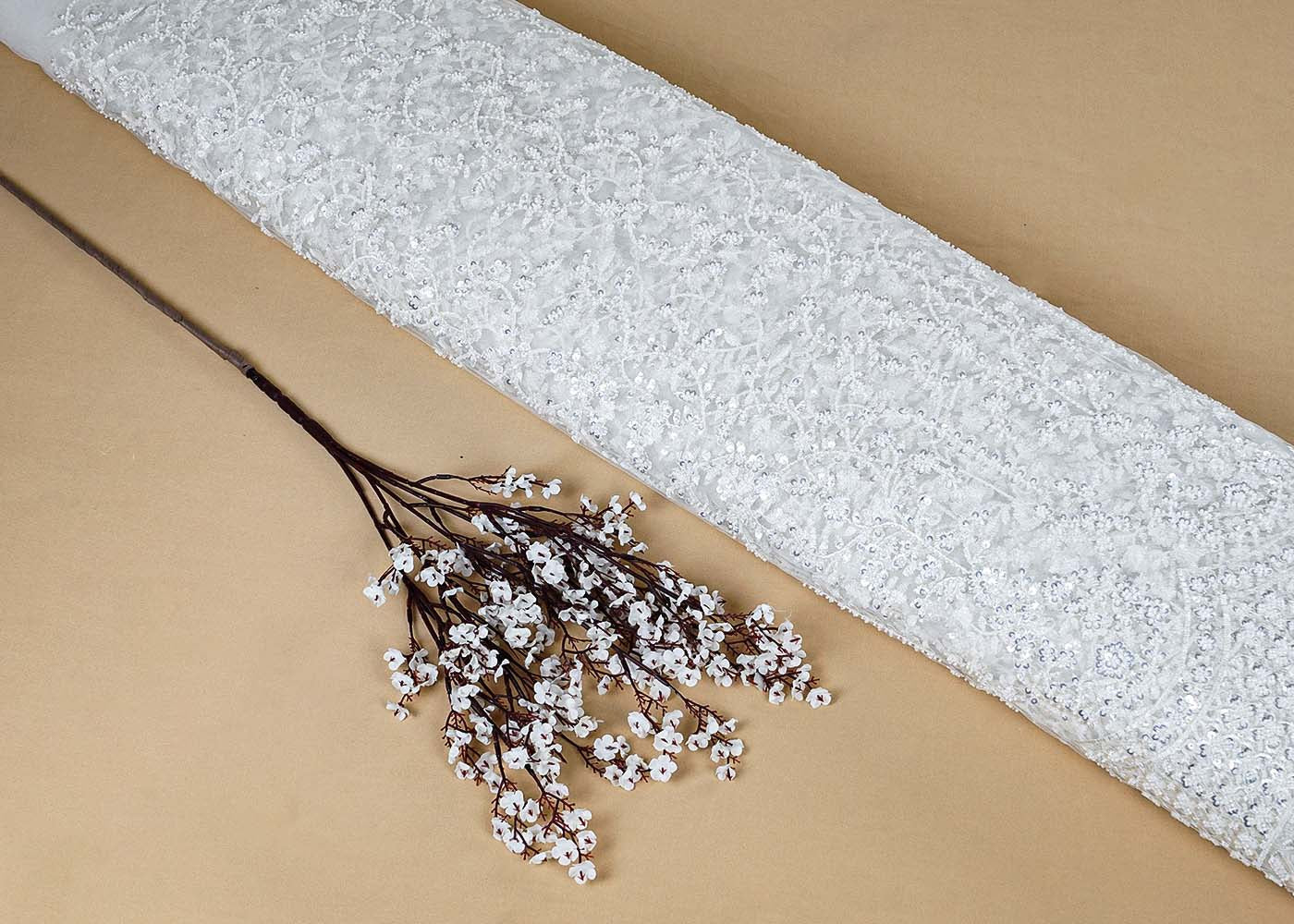 White Imported Net Fabric with All-Over Thread and Sequins Work with One Side Heavy Border 15689