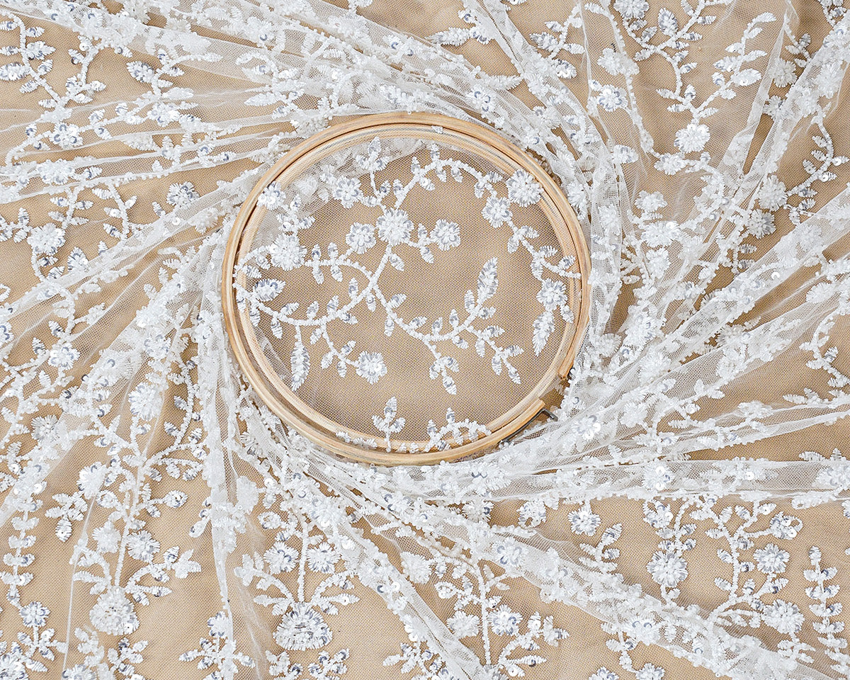 White Imported Net Fabric with All-Over Thread and Sequins Work with One Side Heavy Border 15689
