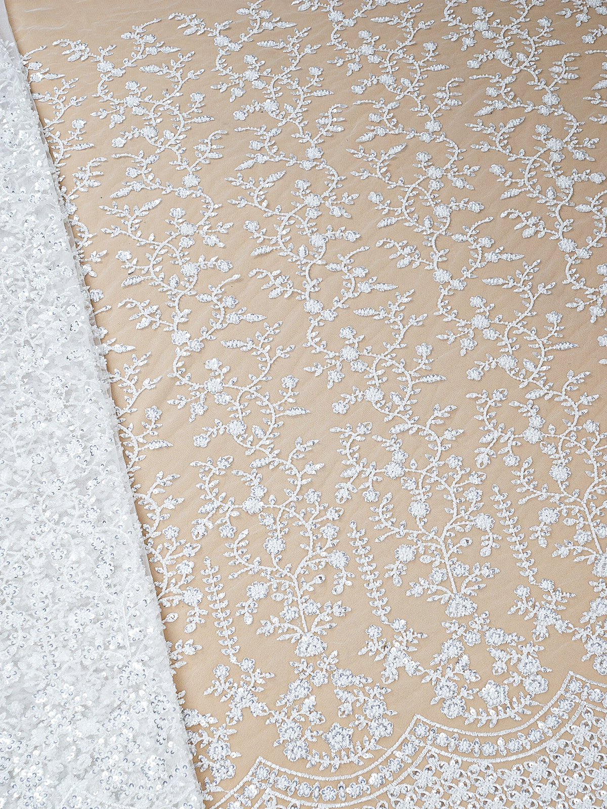 White Imported Net Fabric with All-Over Thread and Sequins Work with One Side Heavy Border 15689