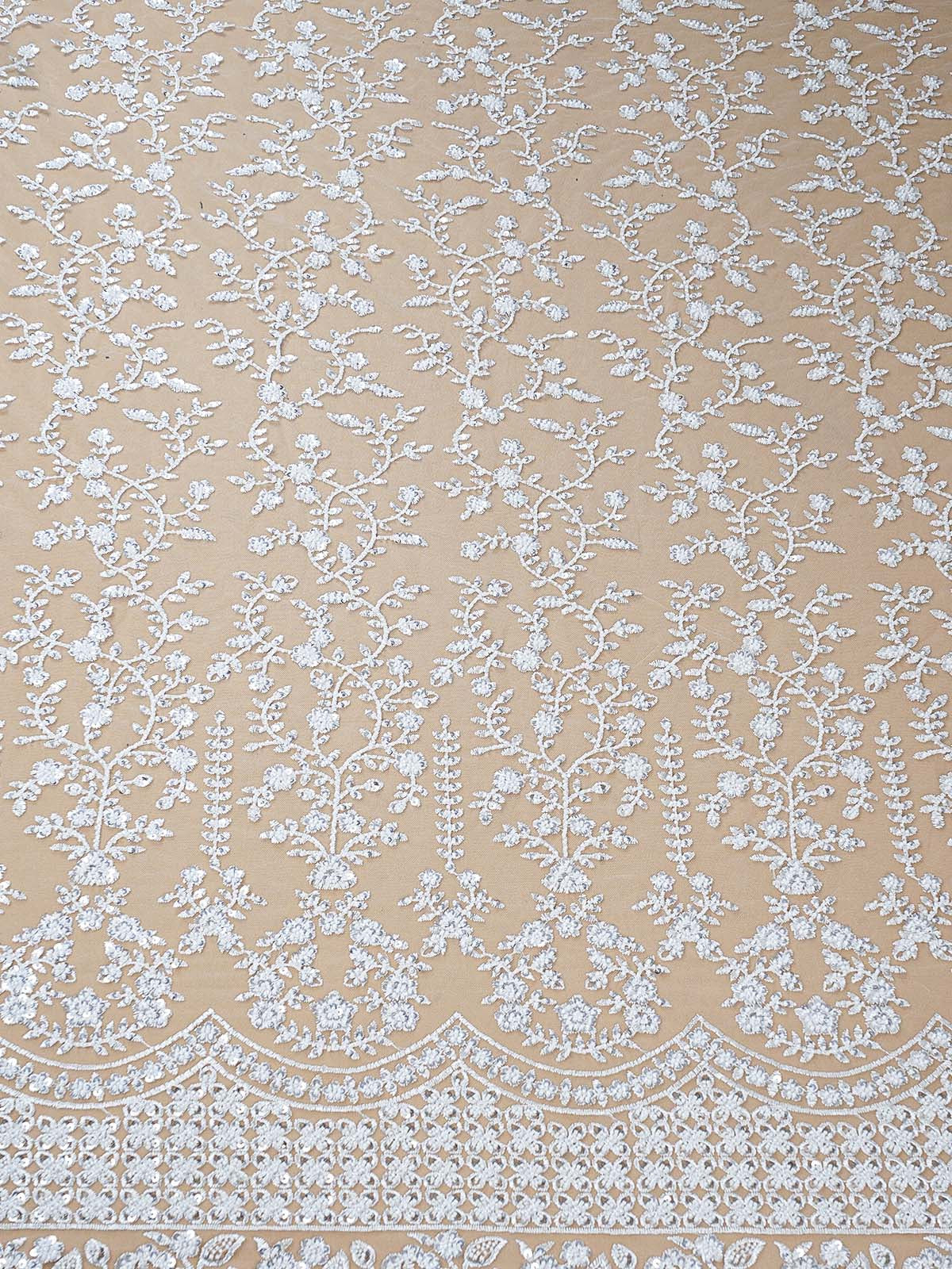 White Imported Net Fabric with All-Over Thread and Sequins Work with One Side Heavy Border 15689