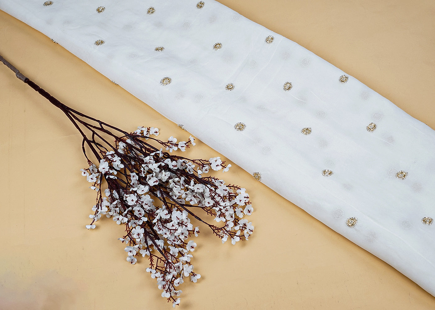 Dyeable Georgette White Fabric with All-Over Golden and Silver Katdana Work 15704