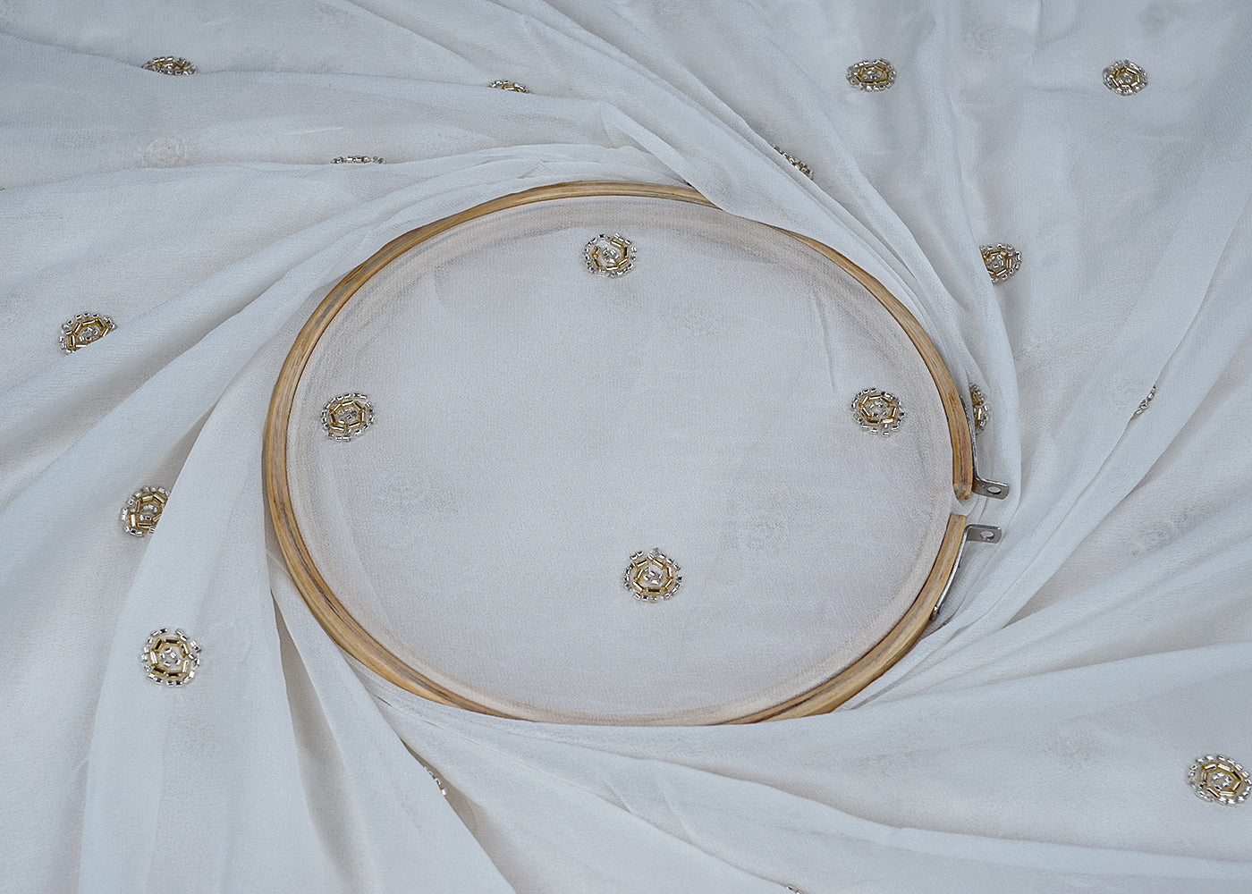 Dyeable Georgette White Fabric with All-Over Golden and Silver Katdana Work 15704