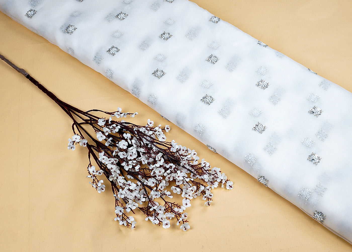 White Organza Fabric with All-Over Katdana and Silver Sequins Work 15709