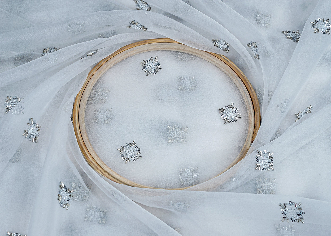 White Organza Fabric with All-Over Katdana and Silver Sequins Work 15709