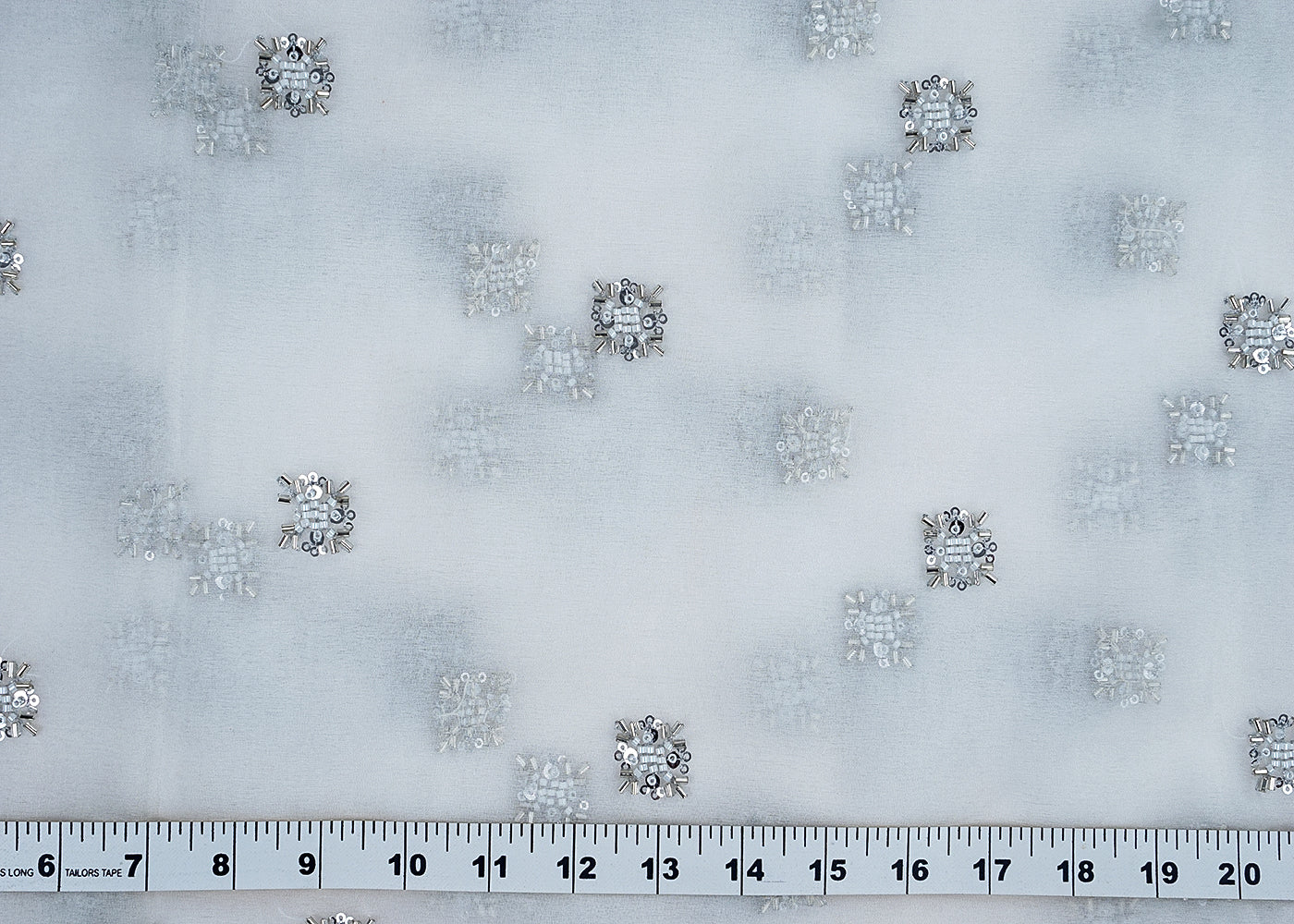 White Organza Fabric with All-Over Katdana and Silver Sequins Work 15709