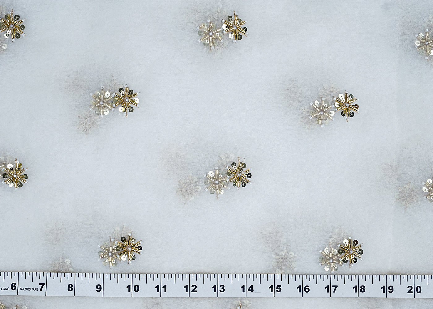 White Organza Fabric with All-Over Katdana and Golden Sequins Work 15711