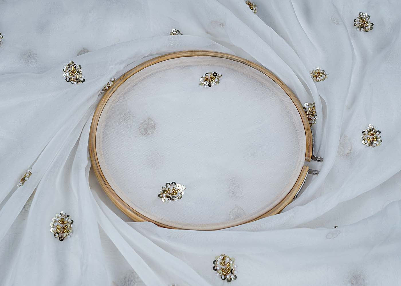 White Organza Fabric with All-Over Katdana and Golden Sequins Work 15712