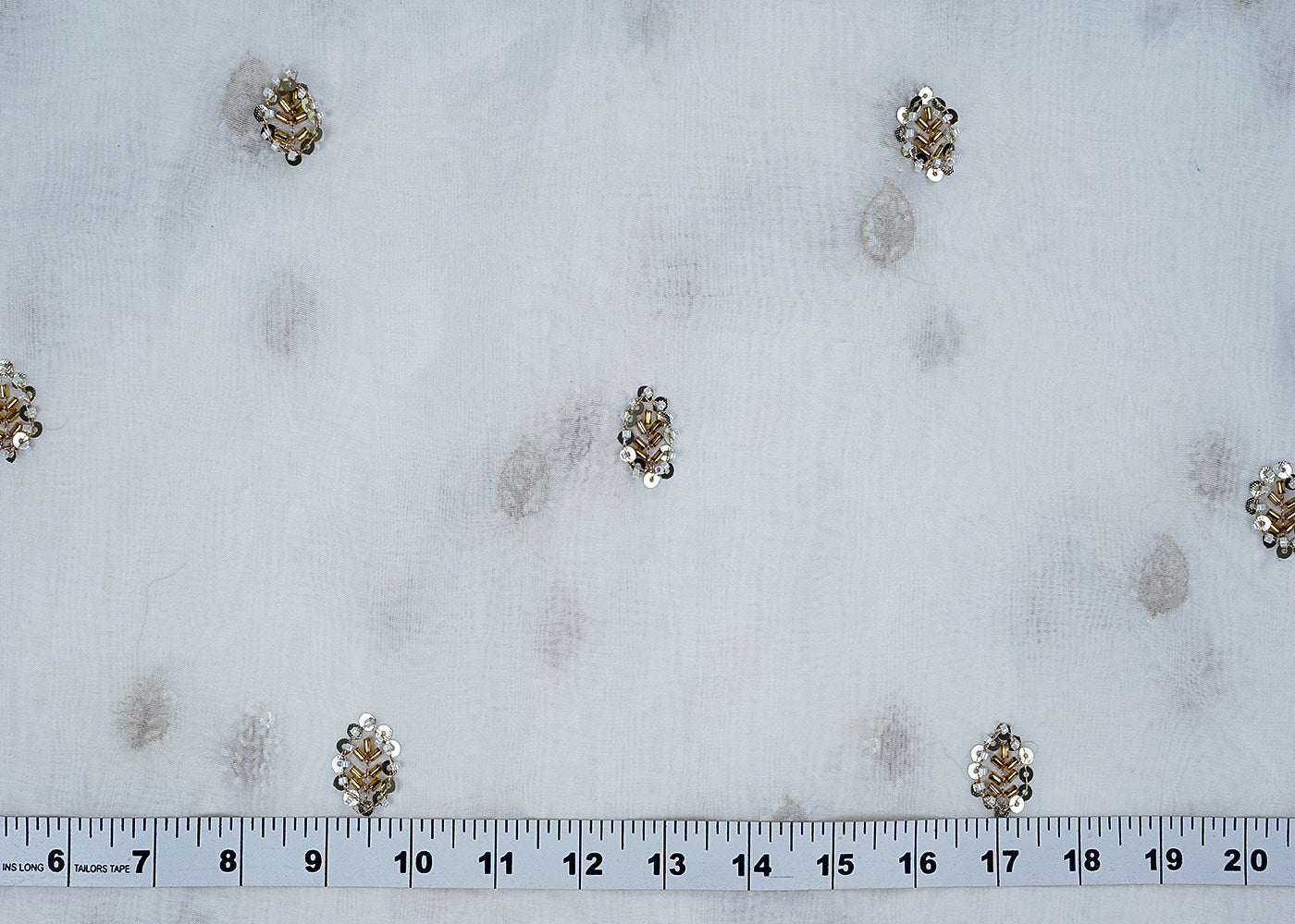 White Organza Fabric with All-Over Katdana and Golden Sequins Work 15712