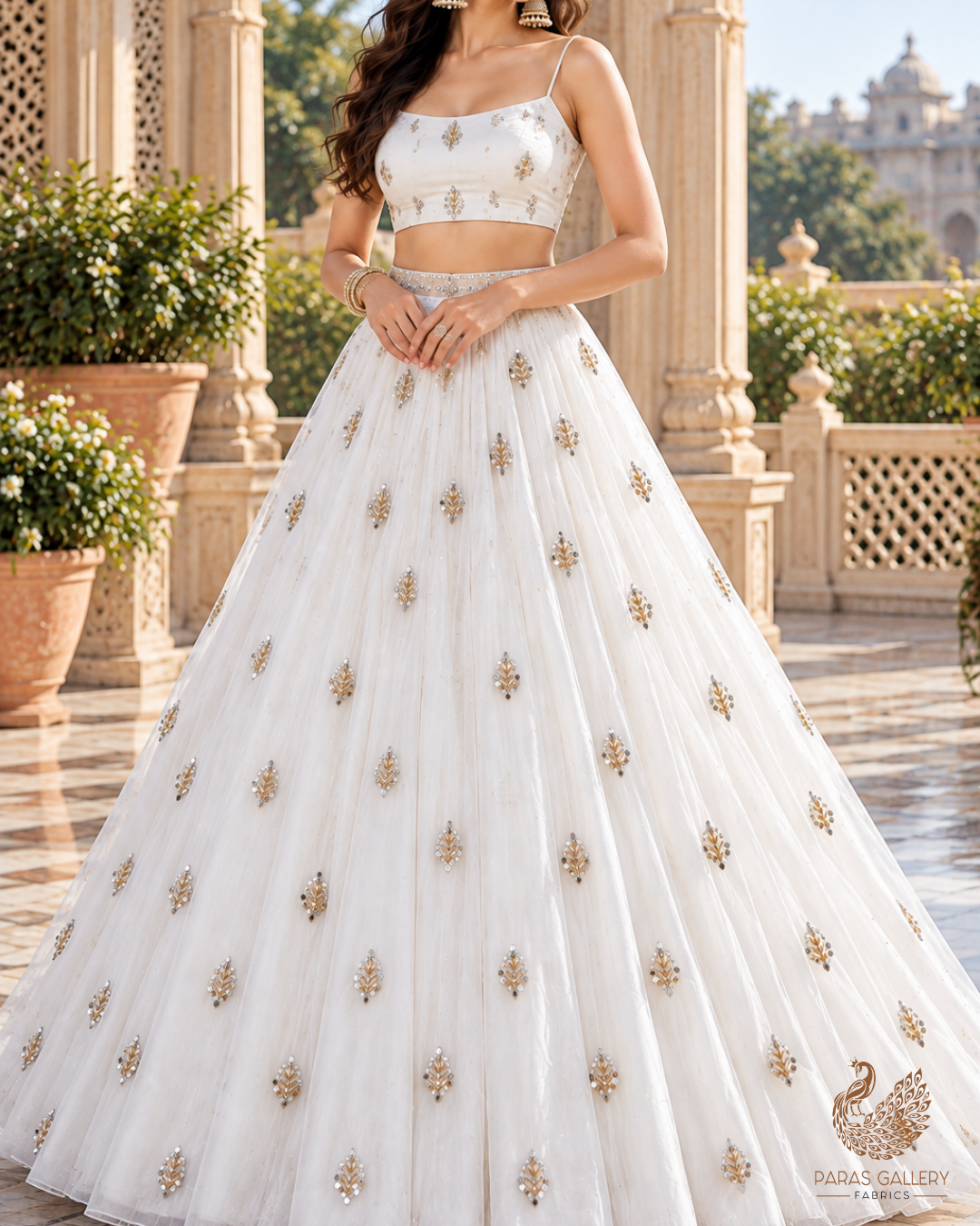 The Noor - White Organza Fabric with Katdana and Golden Sequins Work | 15712