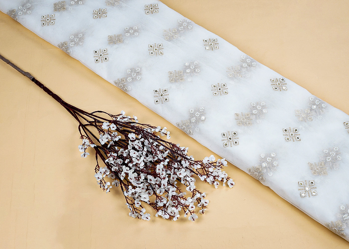 White Net Fabric with All-Over Zari, Sequins, and Bead Work 15719