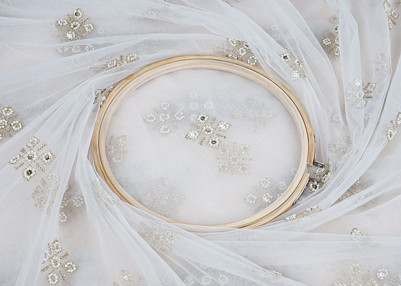 White Net Fabric with All-Over Zari, Sequins, and Bead Work 15719