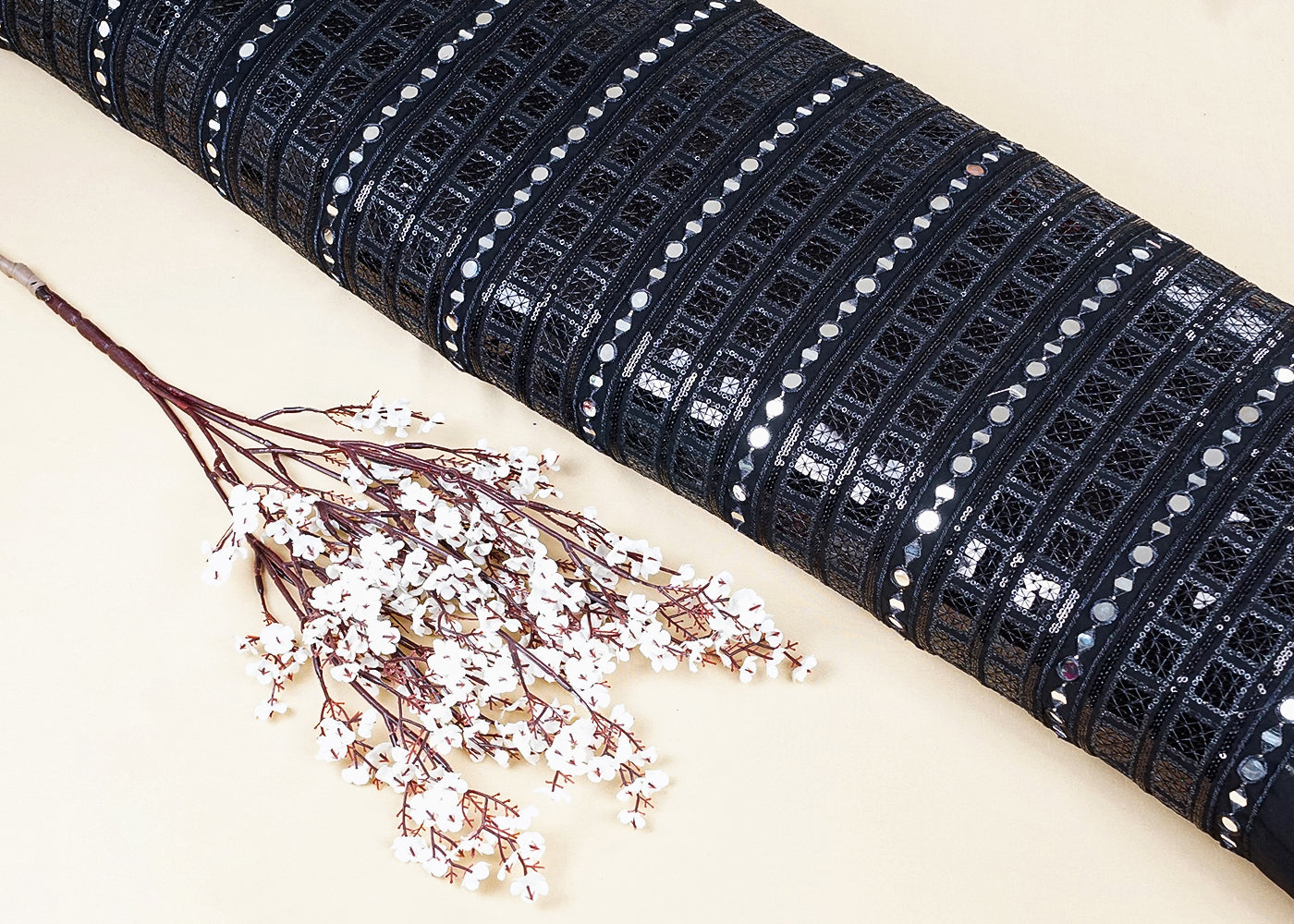 Black Georgette Fabric with All-Over Sequins and Mirror Work 15721