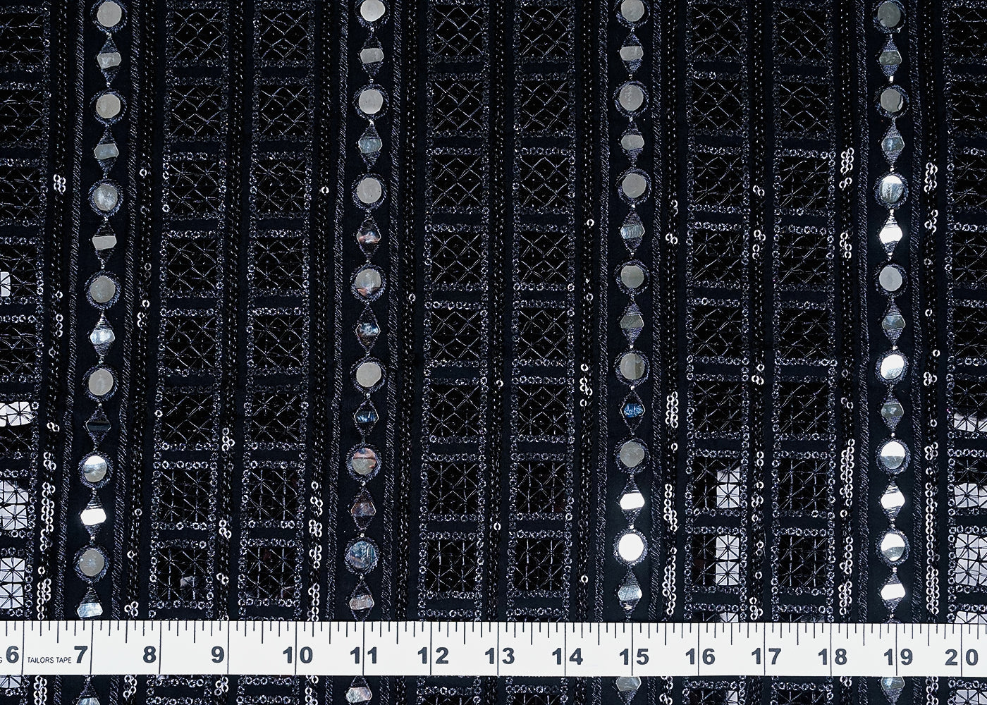 Black Georgette Fabric with All-Over Sequins and Mirror Work 15721