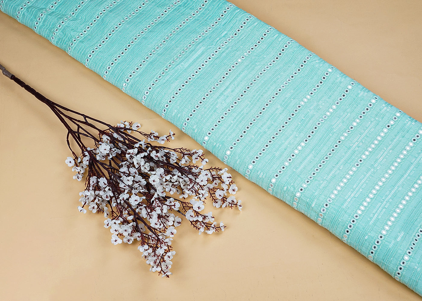 Aqua Blue Dola Silk Fabric with All-Over Sequins and Faux Mirror Work 15723