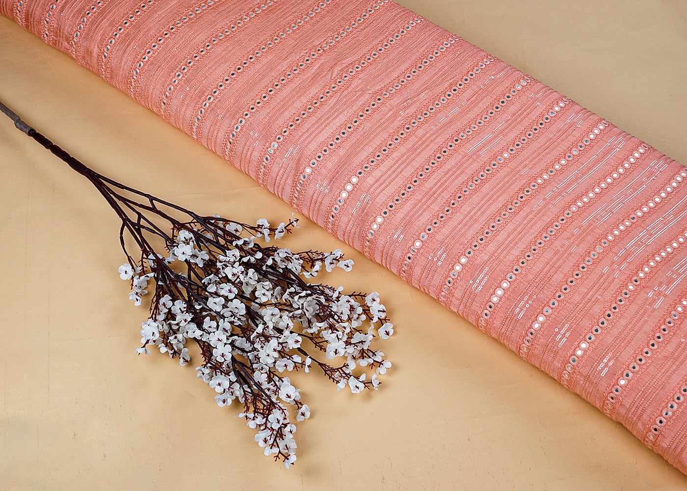 Peach Dola Silk Fabric with All-Over Sequins and Faux Mirror Work 15724