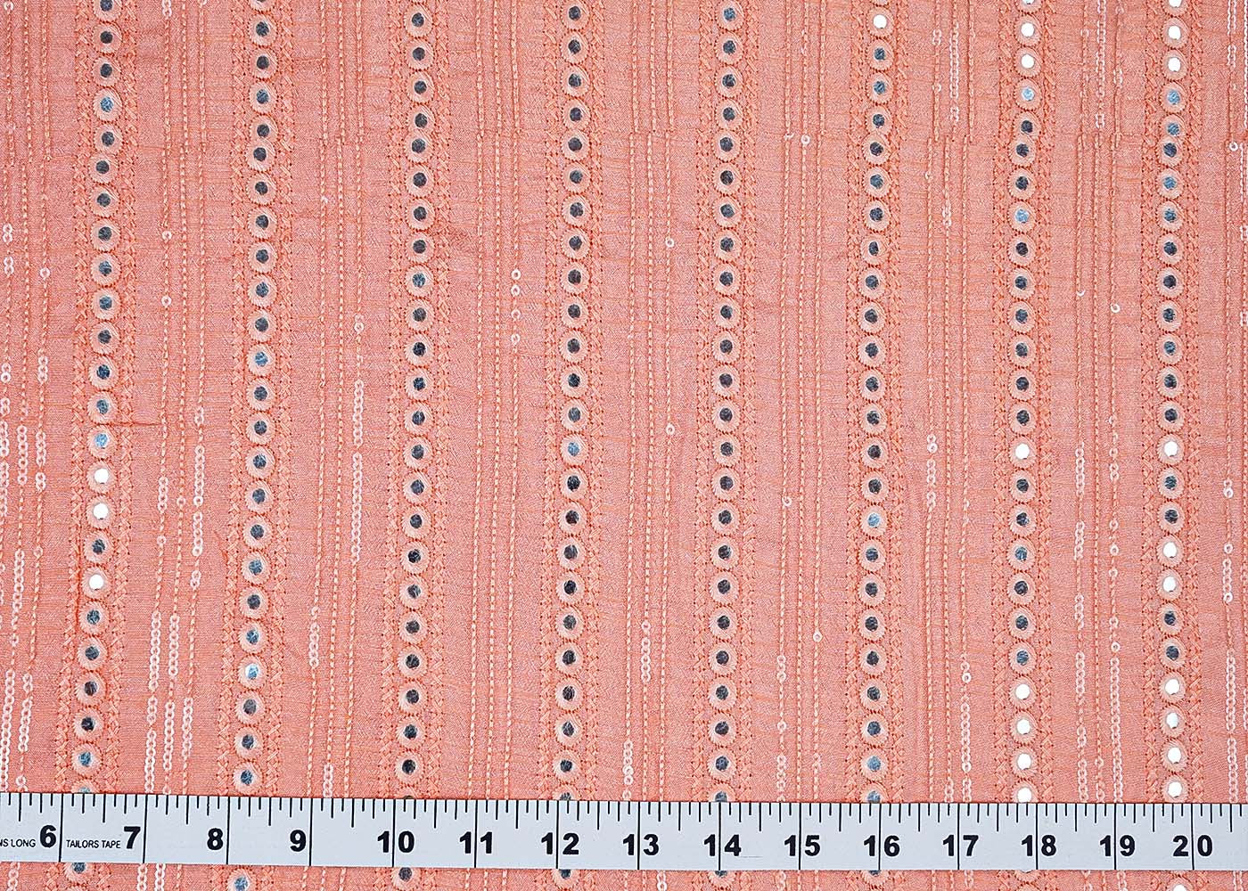 Peach Dola Silk Fabric with All-Over Sequins and Faux Mirror Work 15724
