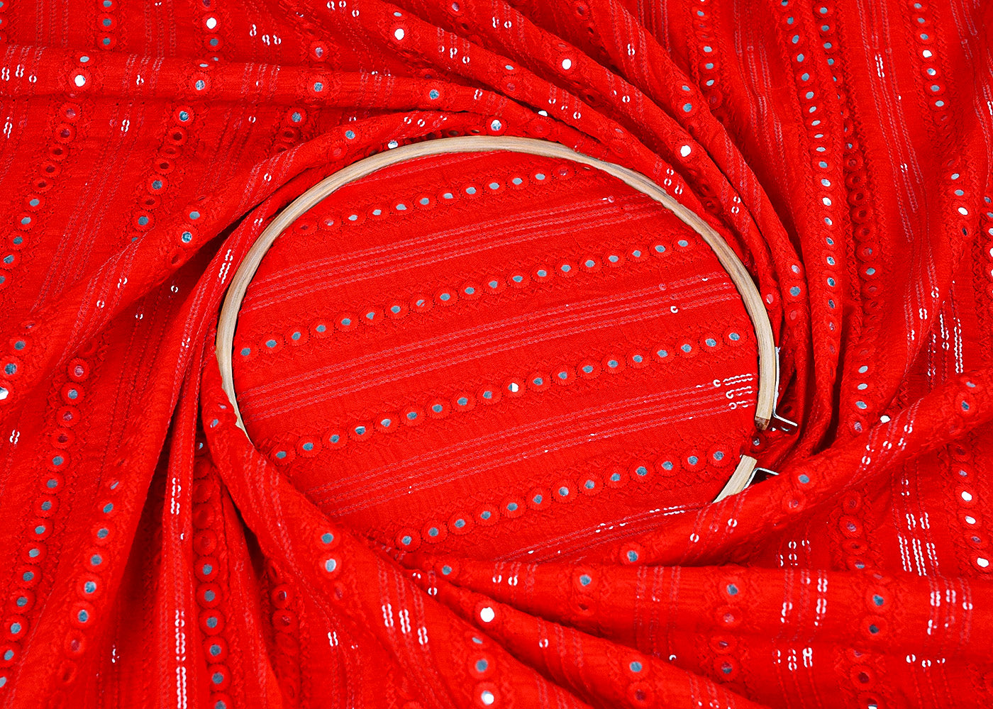 Red Dola Silk Fabric with All-Over Sequins and Faux Mirror Work 15725