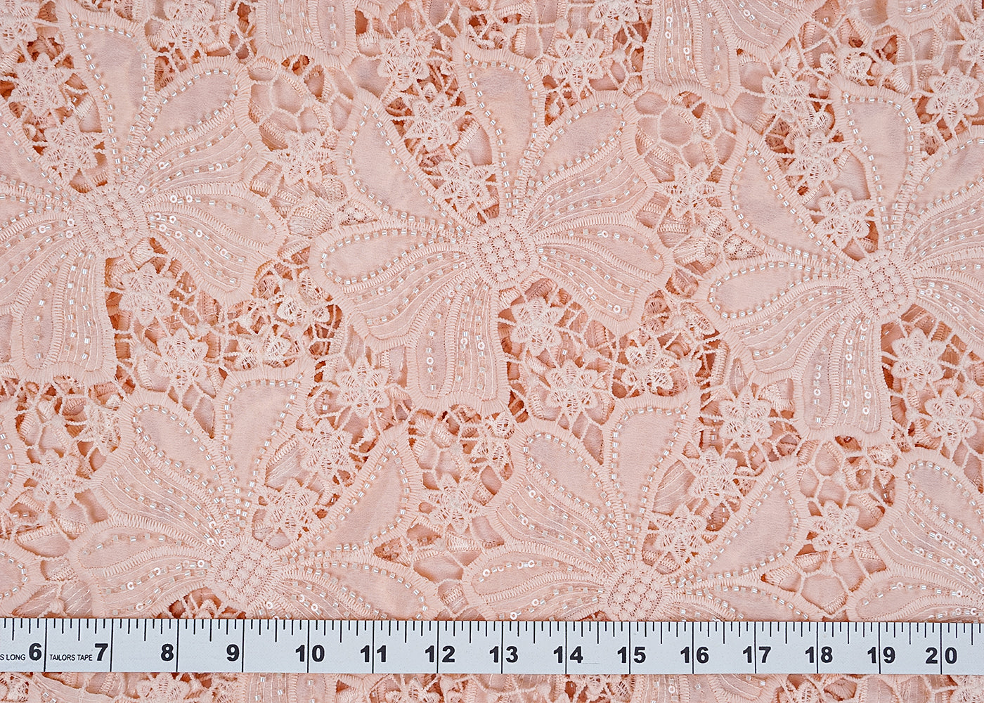 Peach Crepe Fabric with All-Over Bead & Cutwork and Scalloped Edges 15742