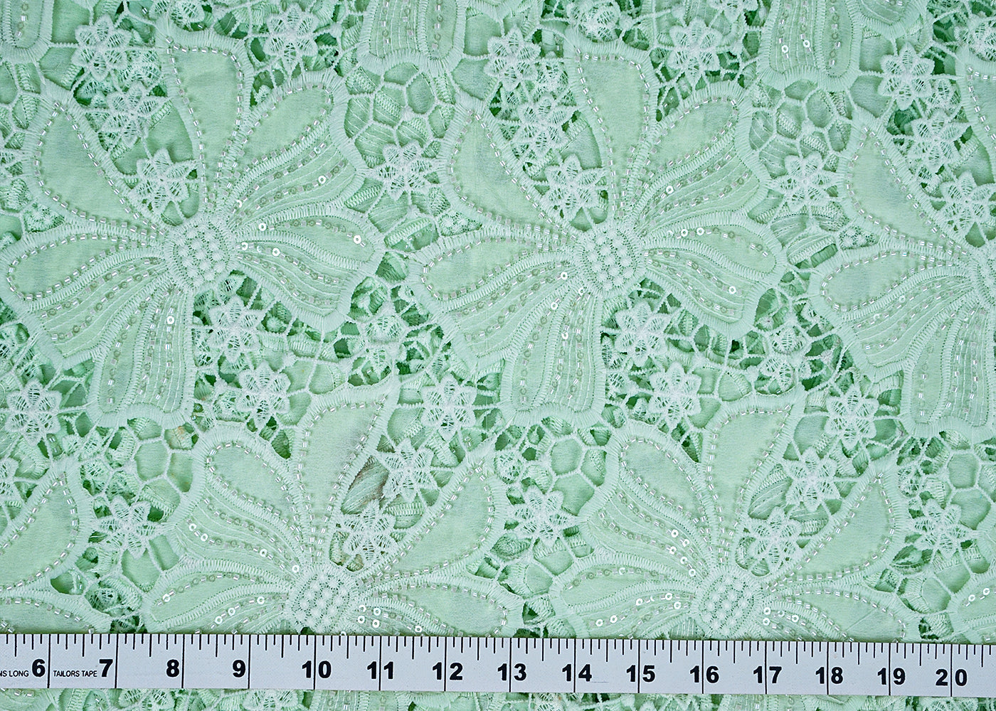 Mint Green Crepe Fabric with All-Over Bead & Cutwork and Scalloped Edges 15744