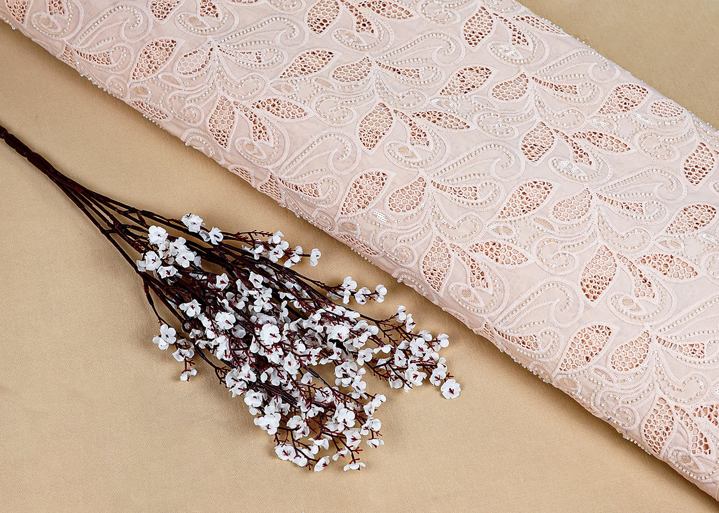 Peach Imported Crepe Fabric With All Over Cutwork 15746