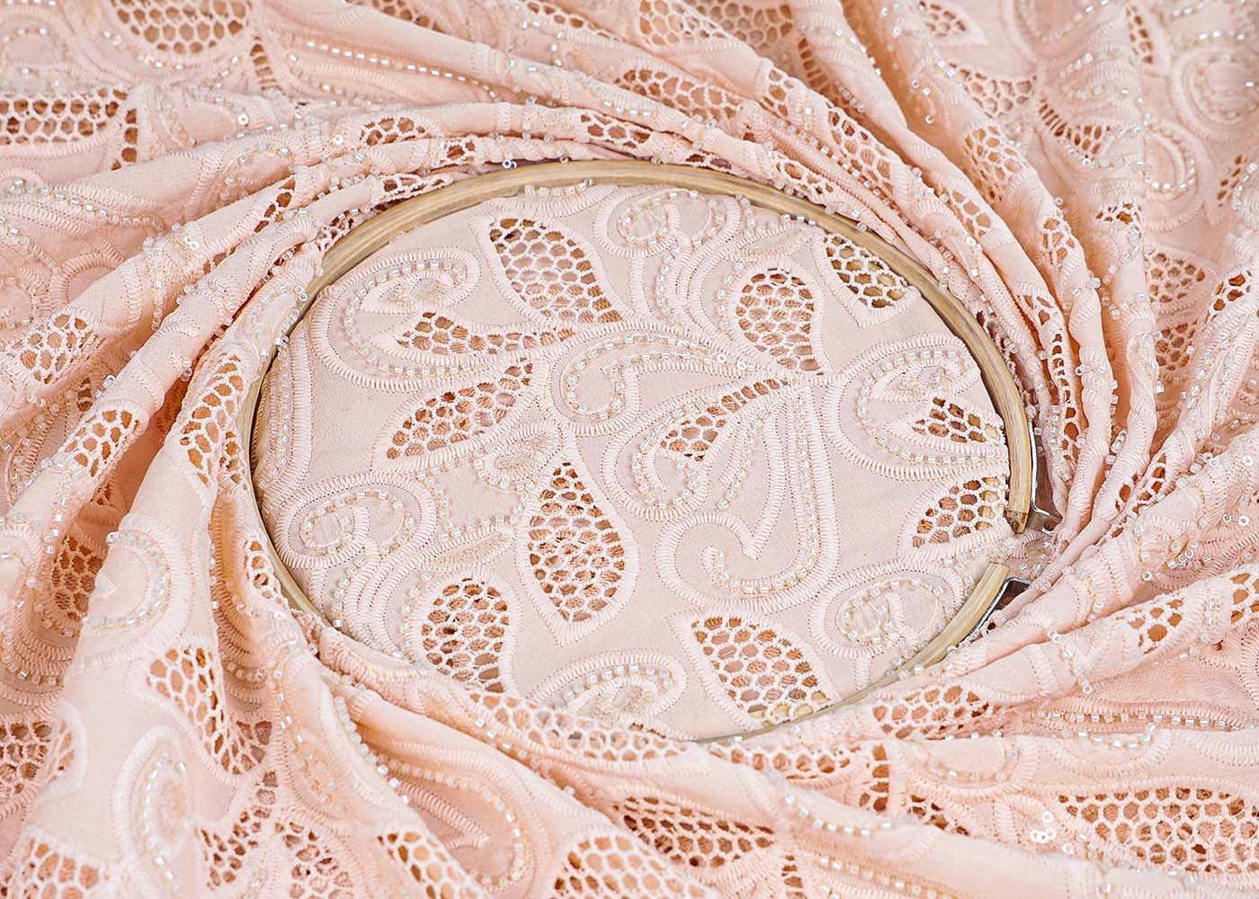 Peach Imported Crepe Fabric With All Over Cutwork 15746