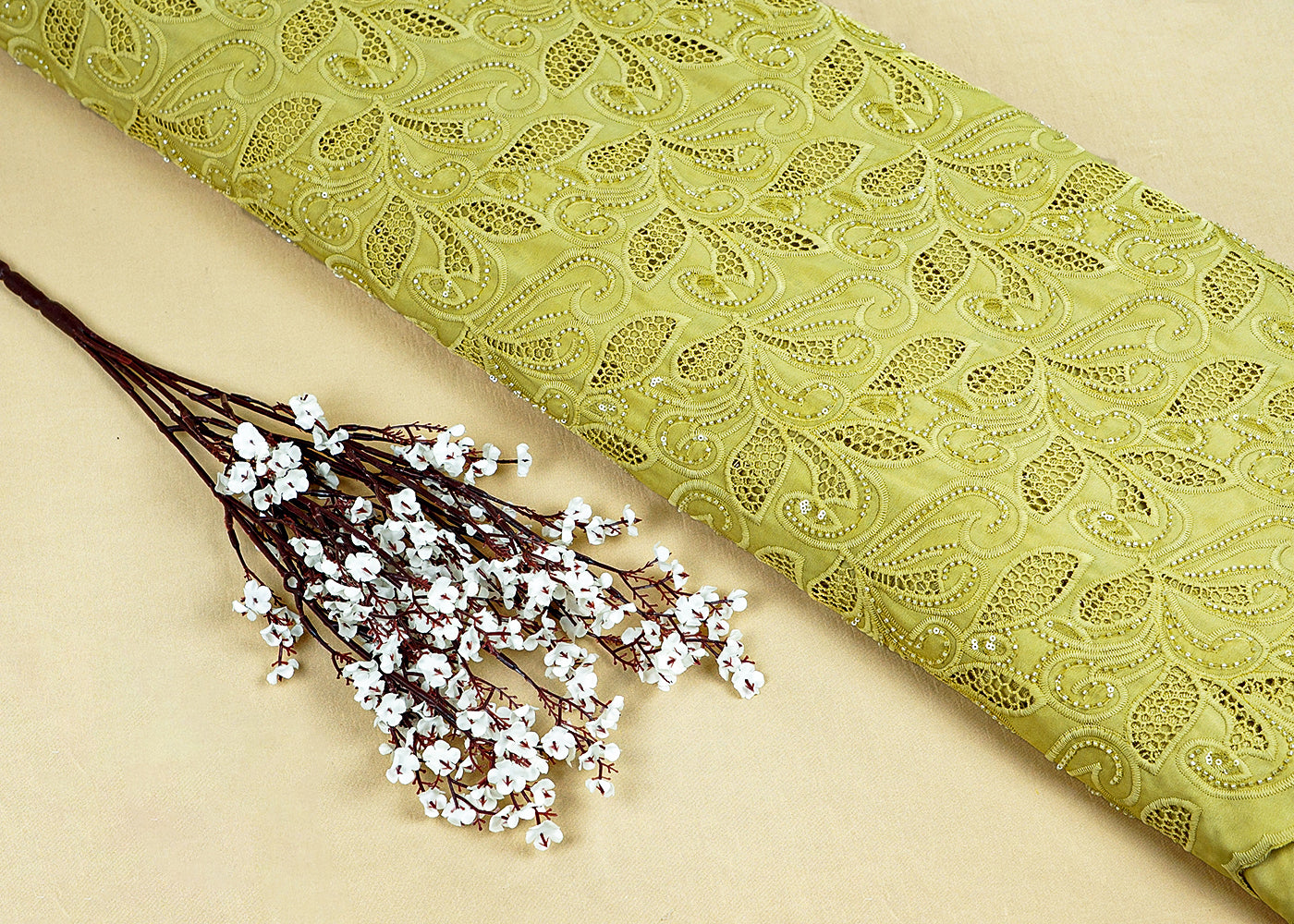 Mehendi Green Imported Crepe Fabric With All Over Cutwork 15747