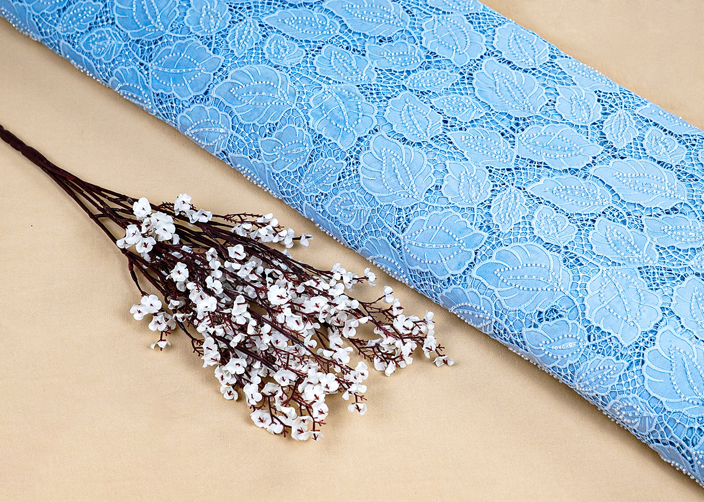 Blue Imported Crepe Fabric With All Over Cutwork 15748