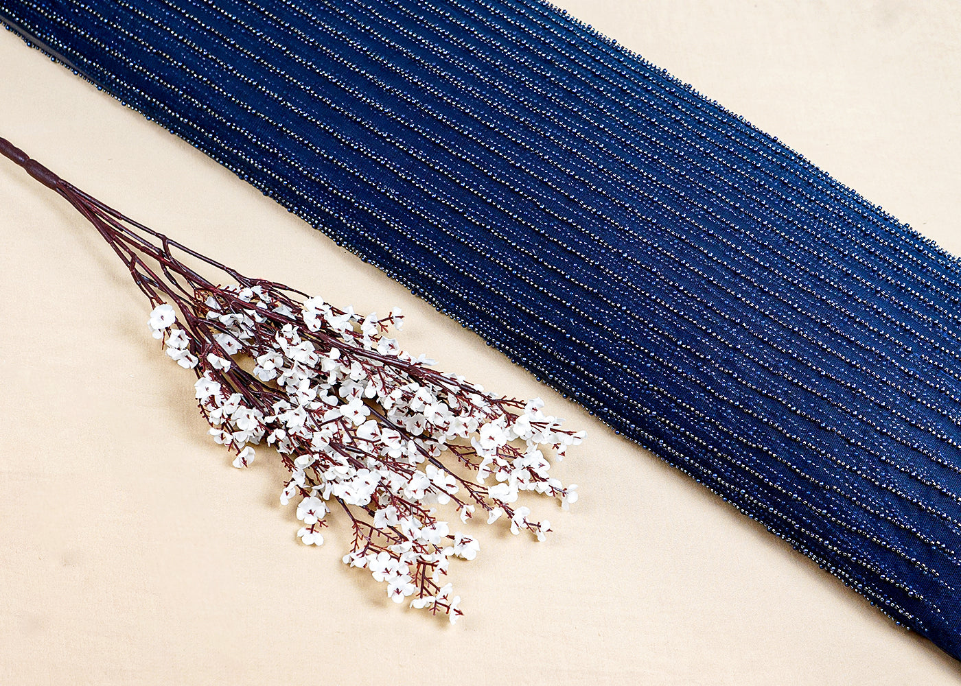 Navy Blue Net Fabric With All Over Pearl And Bead Work 15752