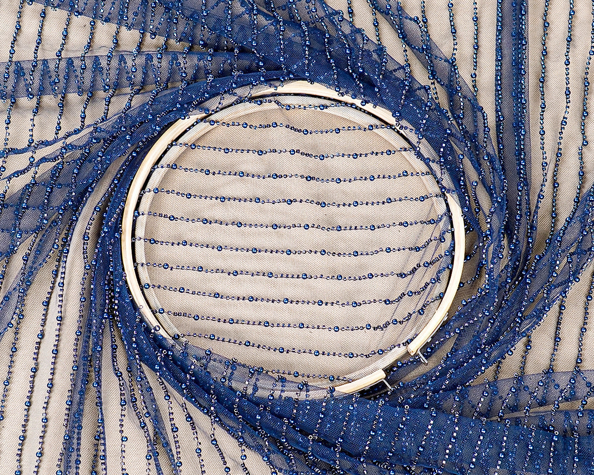 Navy Blue Net Fabric With All Over Pearl And Bead Work 15752