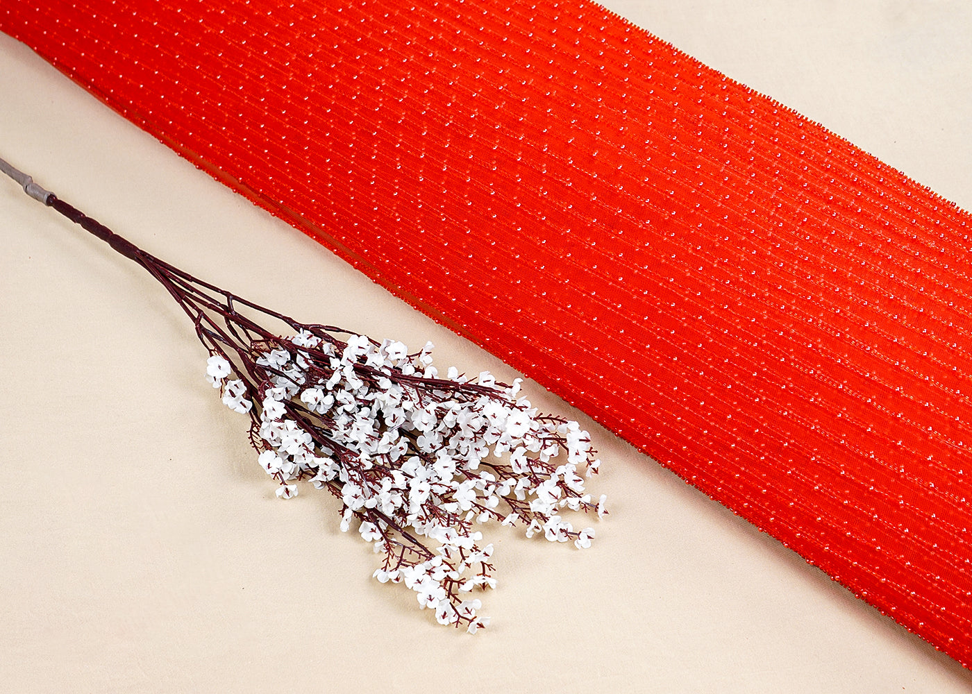 Red Net Fabric With All Over Pearl And Bead Work 15753