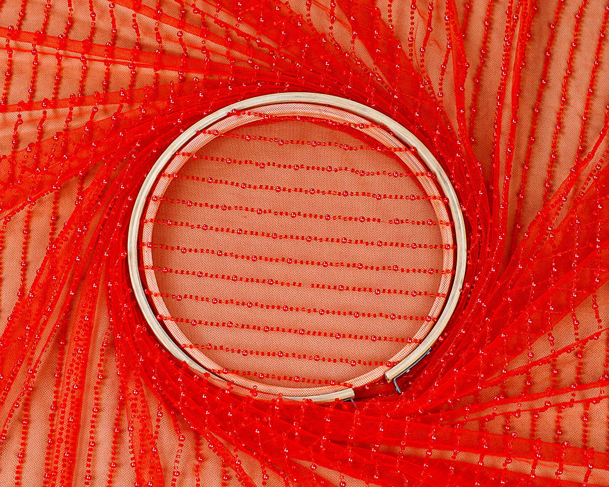 Red Net Fabric With All Over Pearl And Bead Work 15753