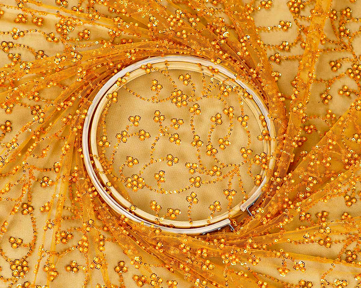 Mustard Imported Net Fabric With All Over Bead And Sequins Work 15756