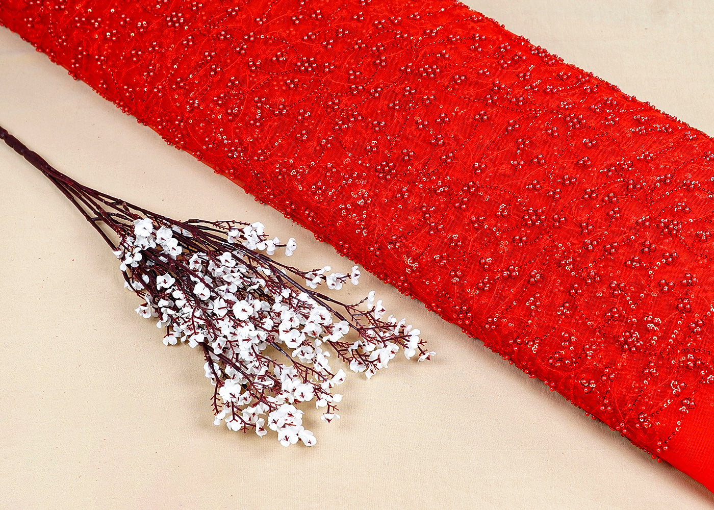 Red Net Fabric With All Over Bead And Sequins Work 15758