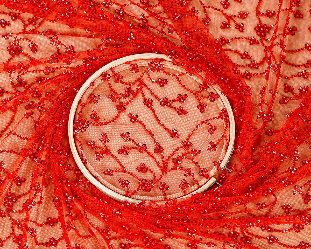 Red Net Fabric With All Over Bead And Sequins Work 15758