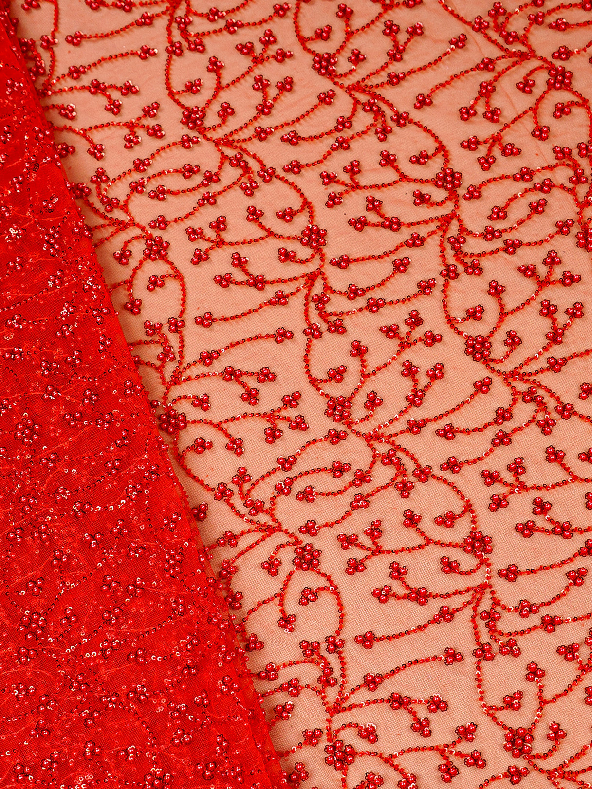 Red Net Fabric With All Over Bead And Sequins Work 15758