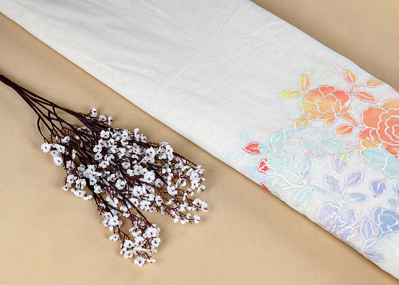 Off White Chanderi Fabric with One-Side Colorful Floral Appliqué & Threadwork Border 15769