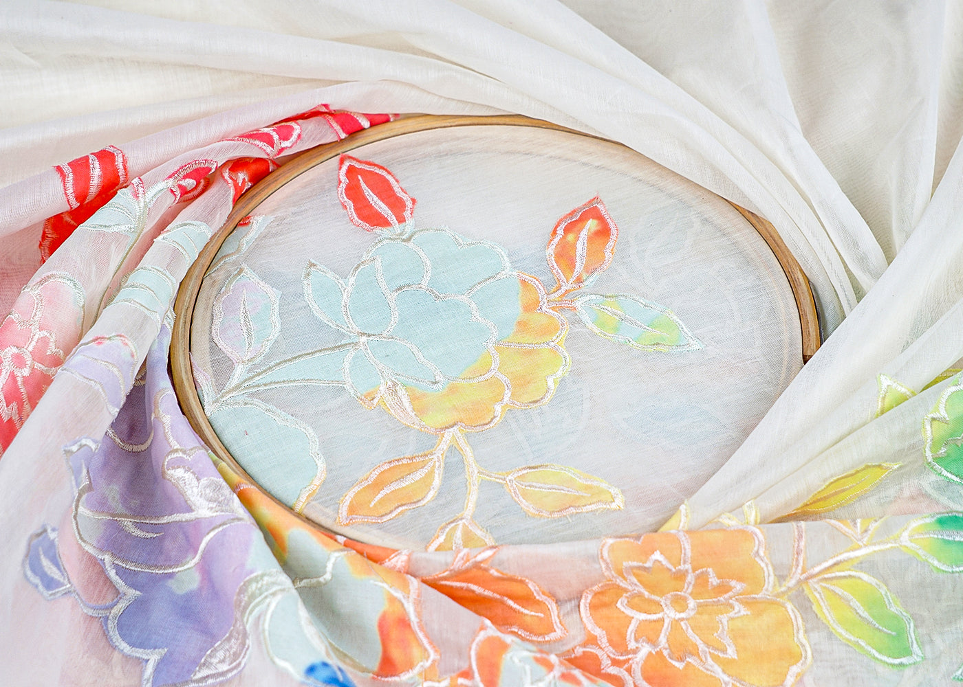 Off White Chanderi Fabric with One-Side Colorful Floral Appliqué & Threadwork Border 15769