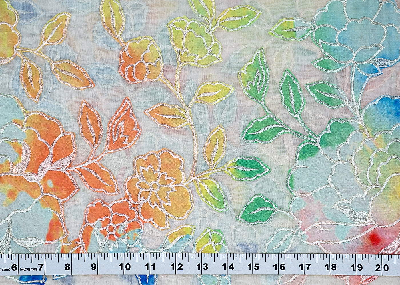 Off White Chanderi Fabric with One-Side Colorful Floral Patch & Threadwork Border 15769