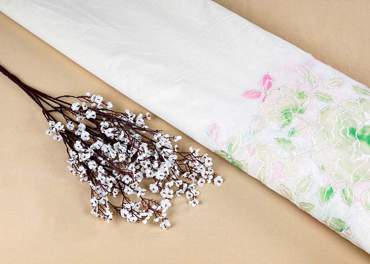 Off White Chanderi Fabric with One-Side Colorful Floral Appliqué & Threadwork Border 15770