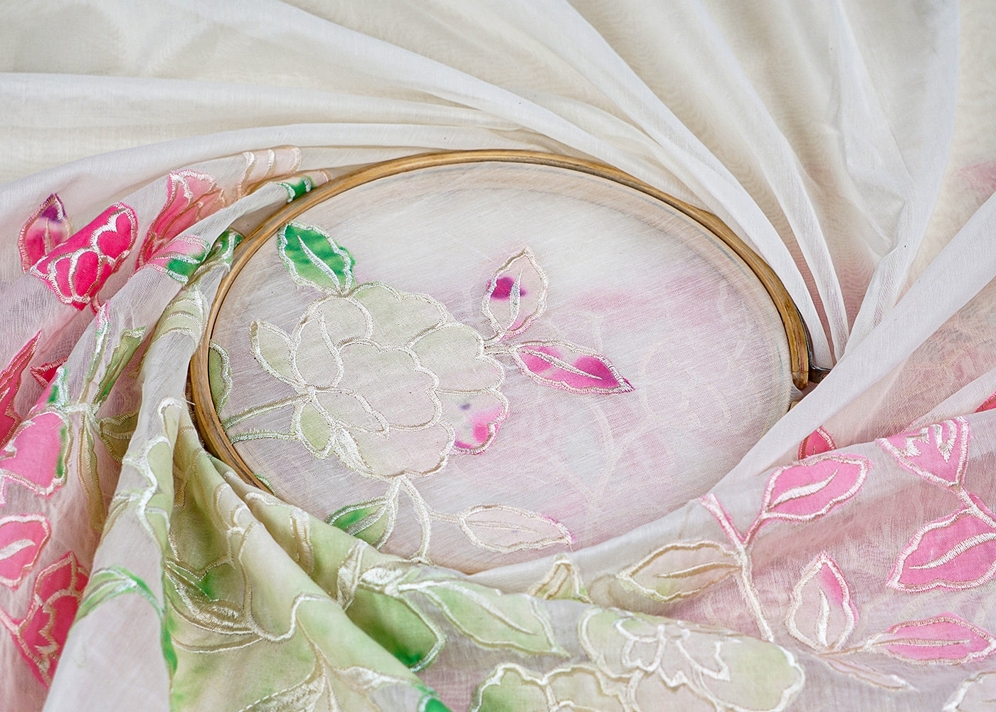 Off White Chanderi Fabric with One-Side Colorful Floral Appliqué & Threadwork Border 15770