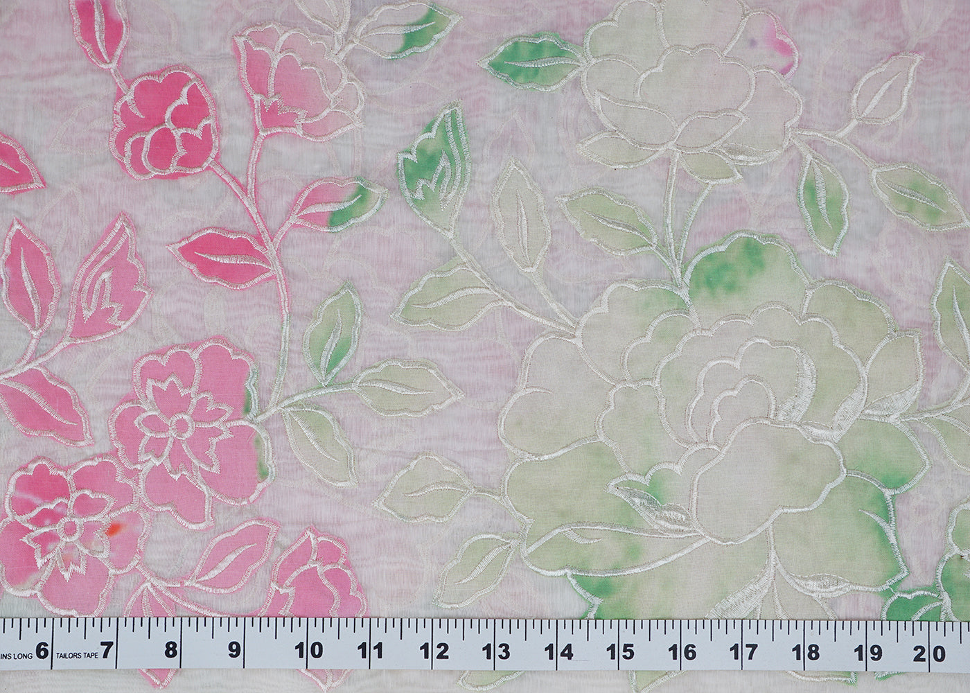 Off White Chanderi Fabric with One-Side Colorful Floral Patch & Threadwork Border 15770