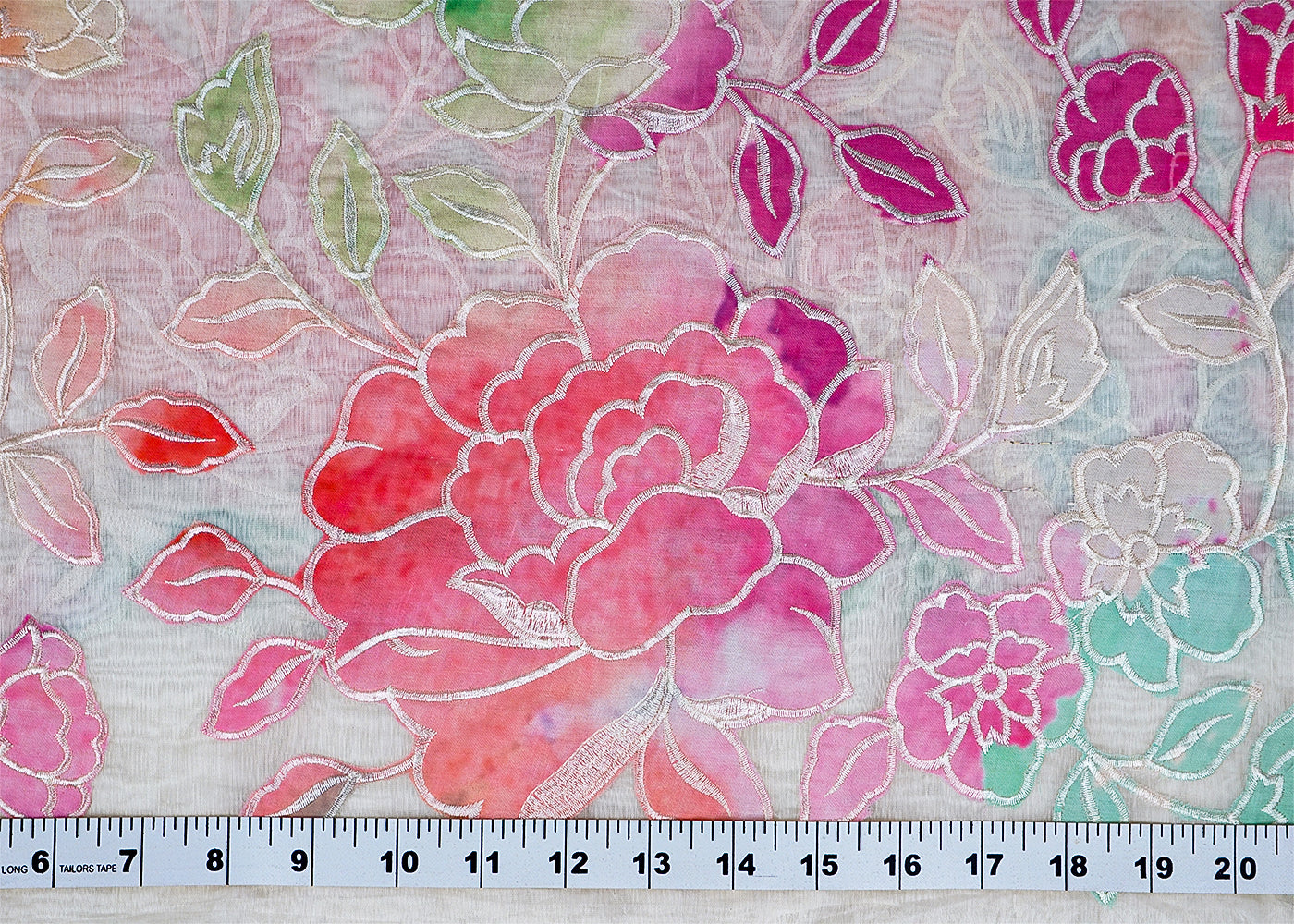 Off White Chanderi Fabric with One-Side Colorful Floral Patch & Threadwork Border 15771