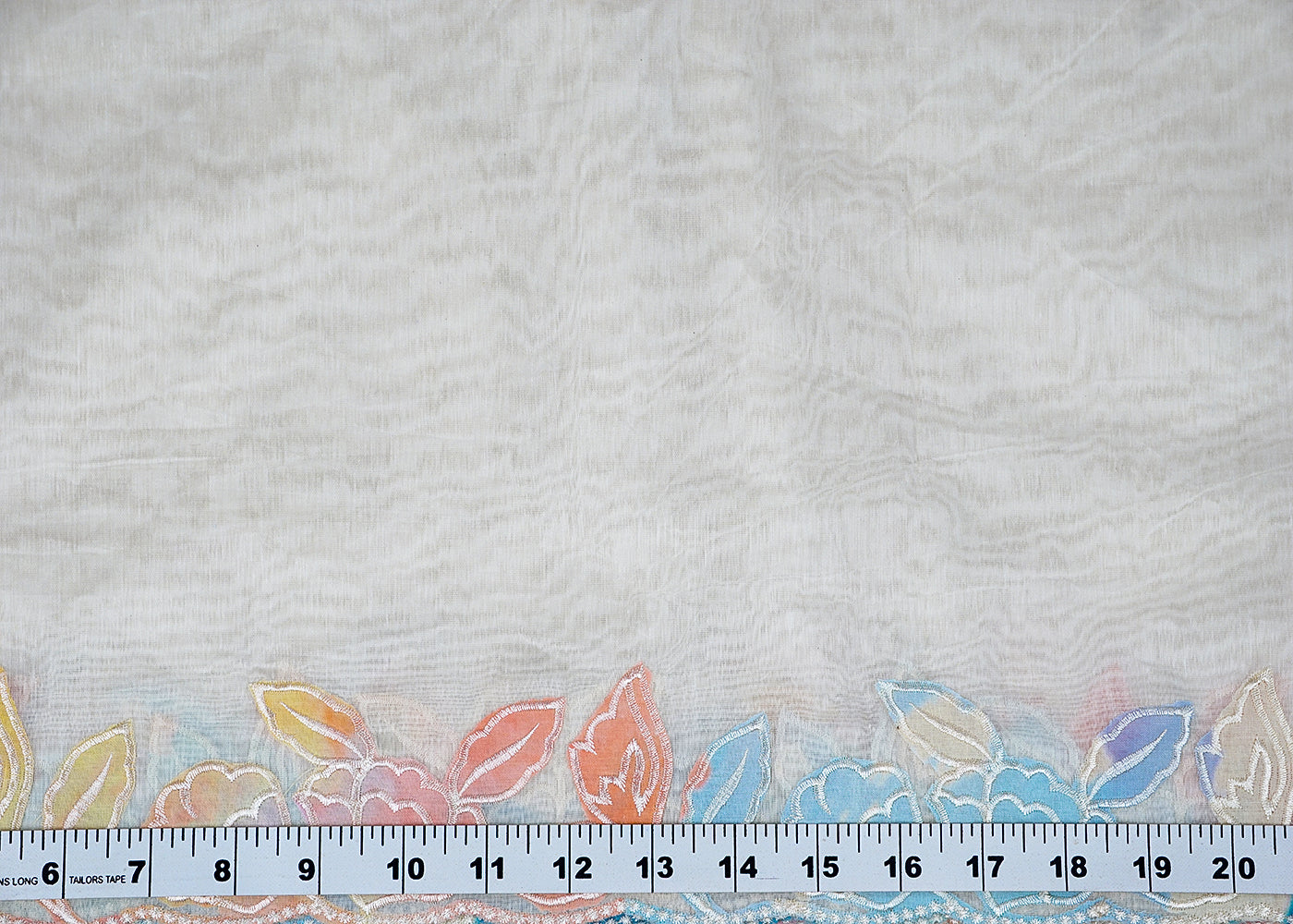 Off White Chanderi Dupatta Fabric with Two-Side Colorful Floral Appliqué & Threadwork Scalloped Border 15772