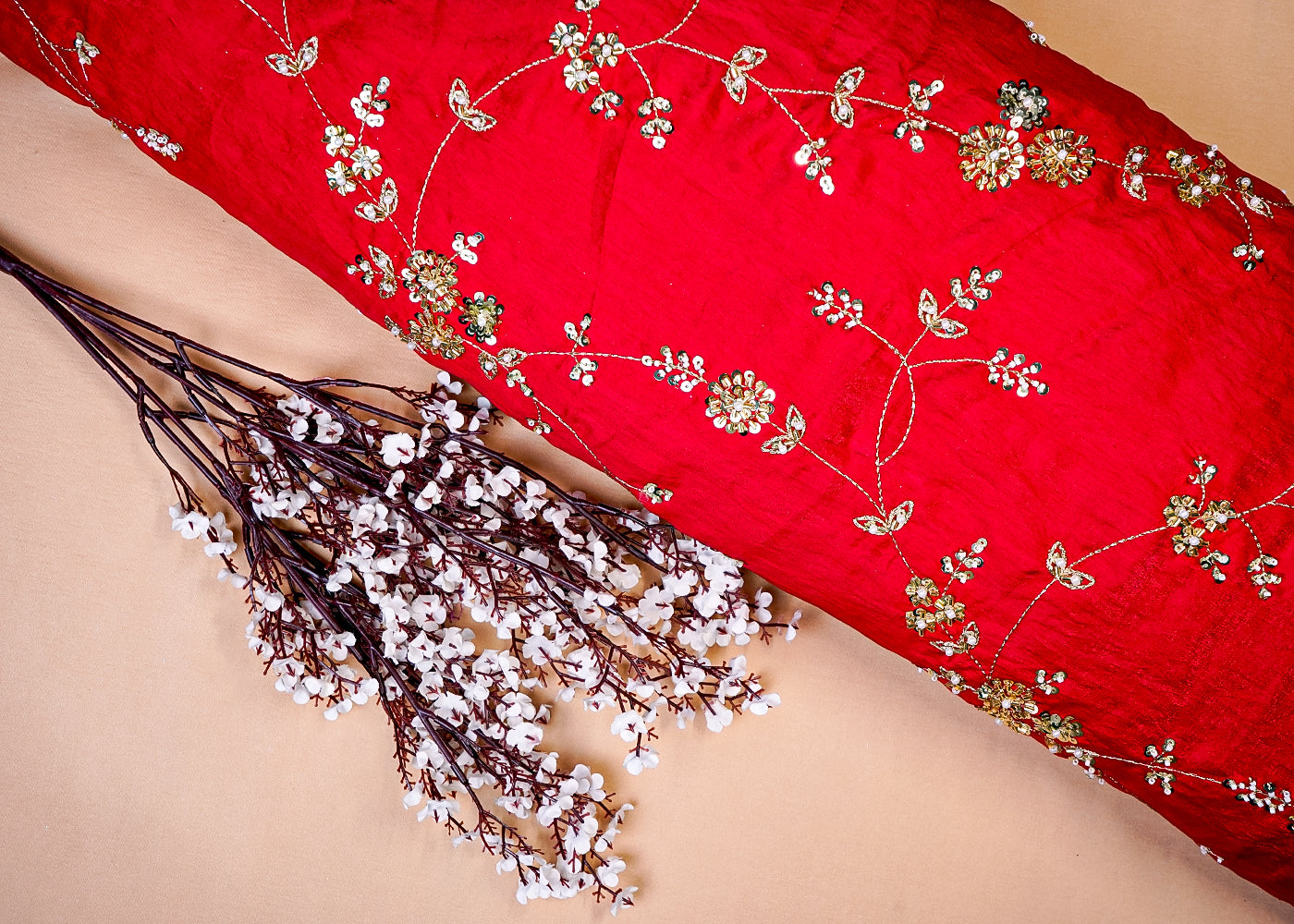 Red Diamond Silk Fabric with All Over Katdana, Bead, Zari & Sequins Work 15786