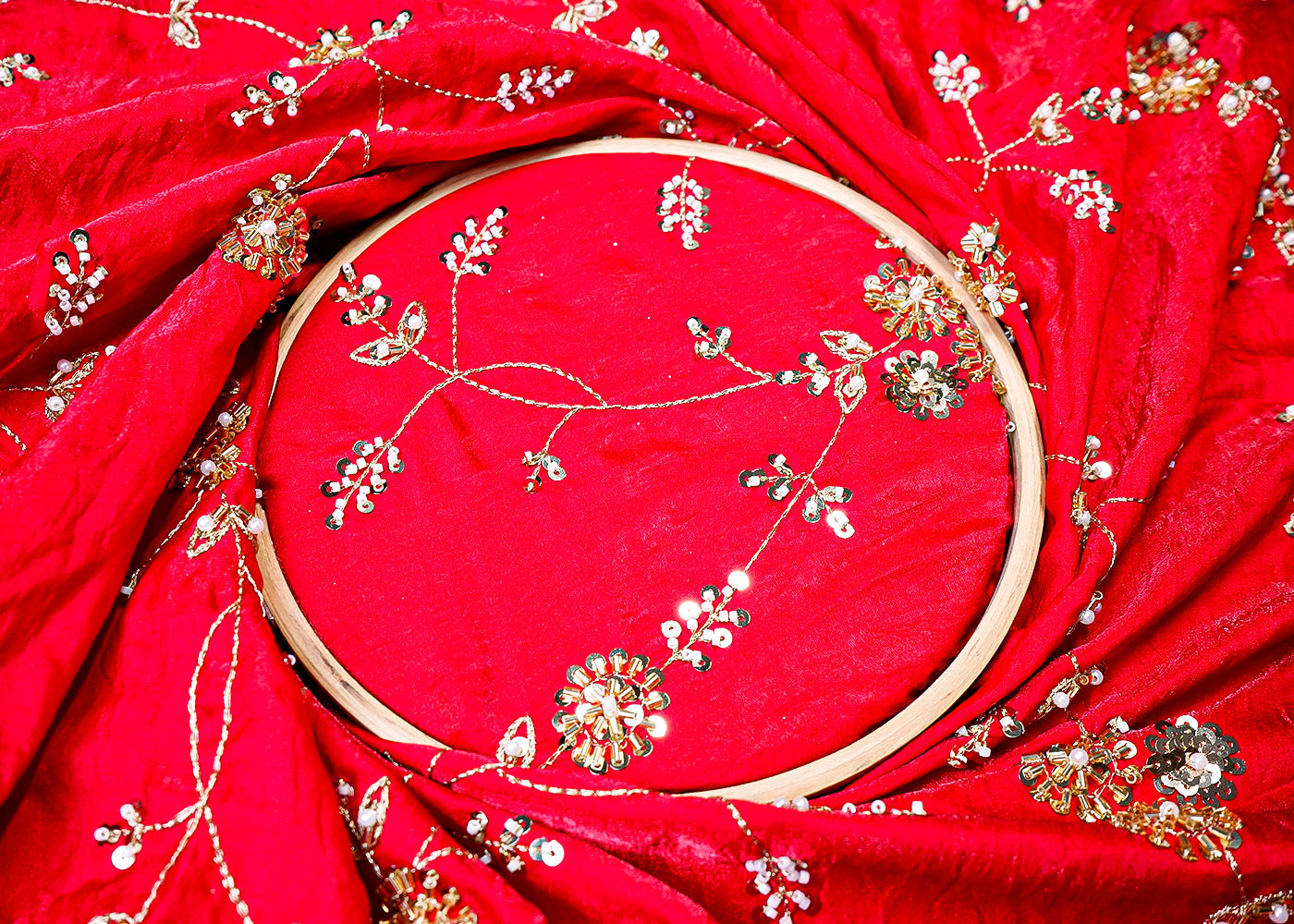 Red Diamond Silk Fabric with All Over Katdana, Bead, Zari & Sequins Work 15786