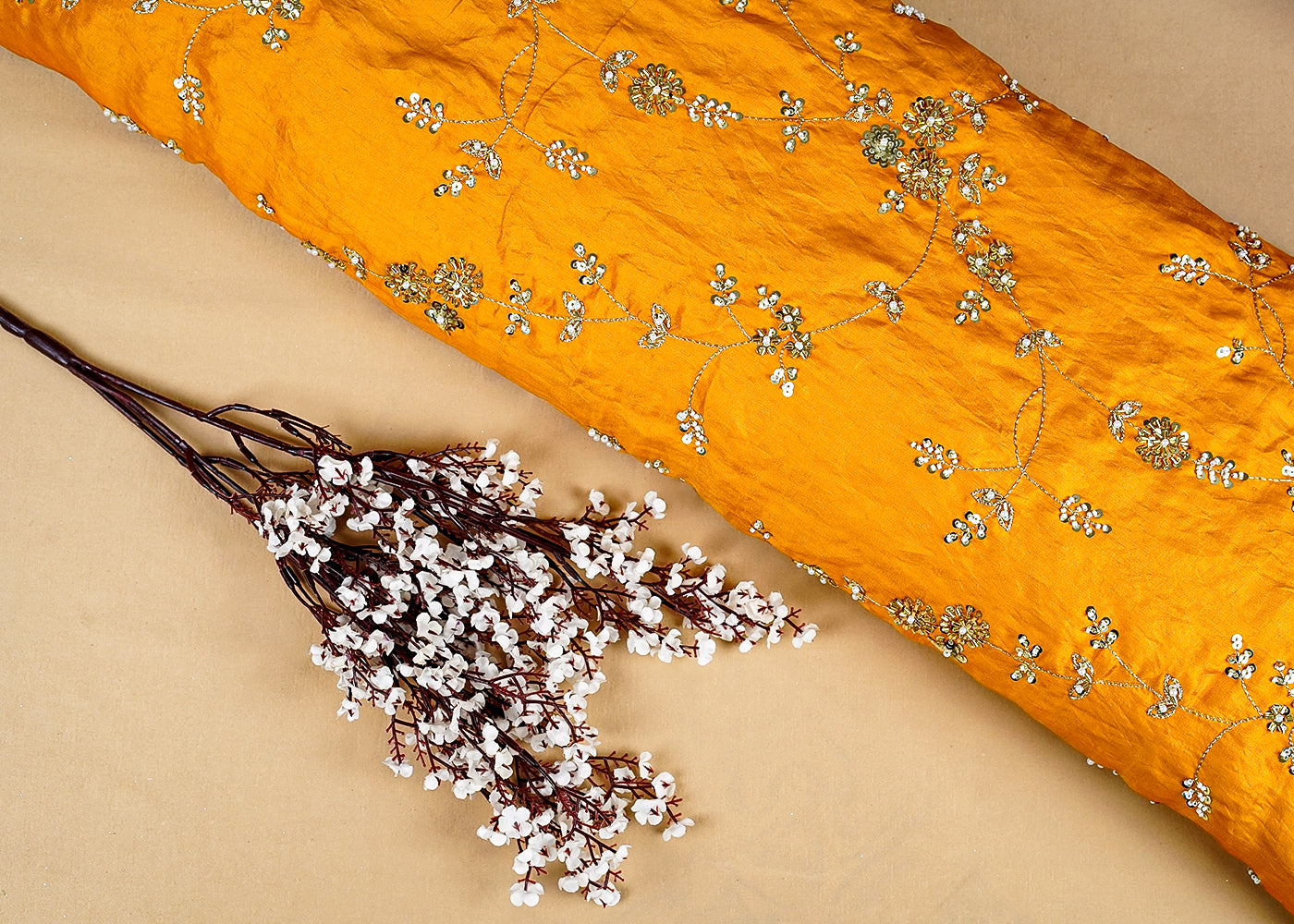 Mustard Diamond Silk Fabric With All Over Katdana, Bead, Zari & Sequins Work 15787