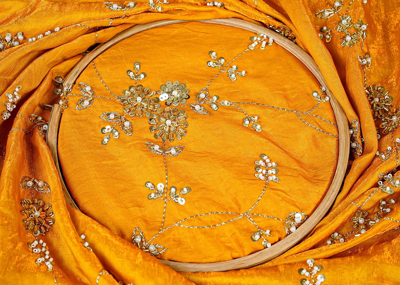 Mustard Diamond Silk Fabric With All Over Katdana, Bead, Zari & Sequins Work 15787