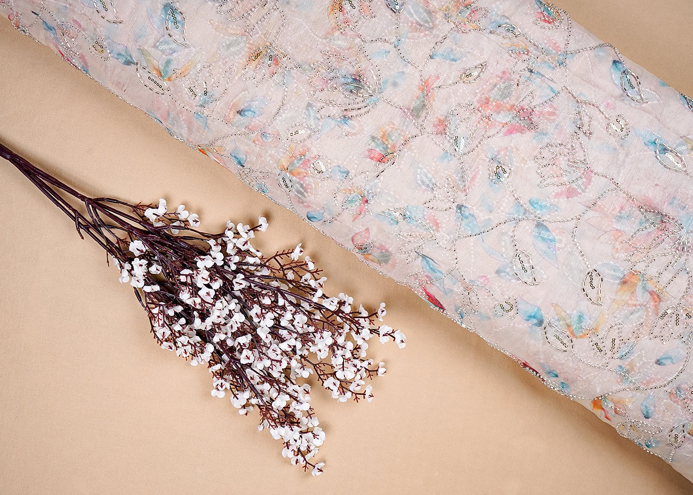 Beige Organza Satin Fabric with All Over Print and Katdana Sequins Work 15789